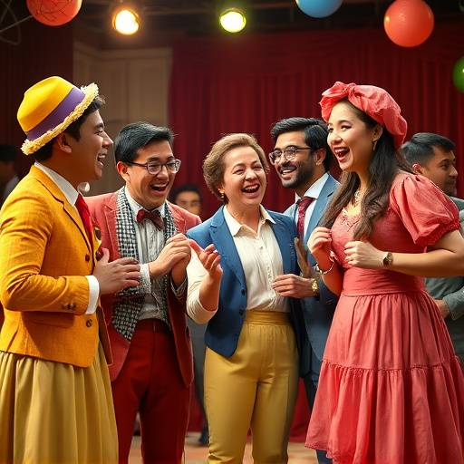 Image d'acteurs interpr√©tant une sc√®ne de com√©die avec des costumes color√©s et expressifs.