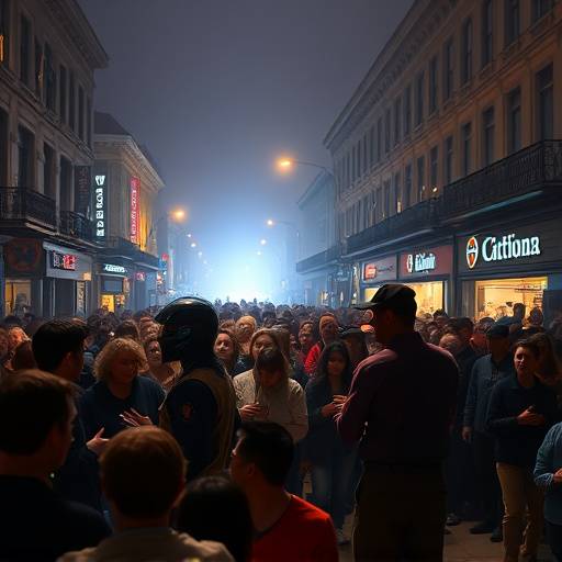 Image d'un spectacle de rue avec des acteurs jouant devant un public nombreux.