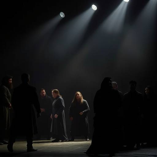 Image d'une sc√®ne sombre et dramatique de la pi√®ce 'Macbeth'.