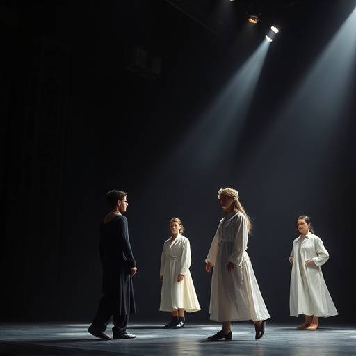 Photo d'une performance de th√©√¢tre contemporain avec un √©clairage dramatique et des costumes minimalistes.
