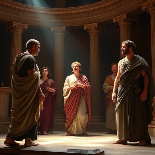 Photo d'une sc√®ne de la pi√®ce 'Antigone' avec des acteurs en costumes classiques.
