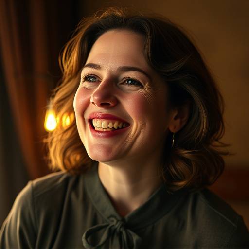 Portrait d'Elodie Garnier, passionn√©e de th√©√¢tre, rayonnant de joie.